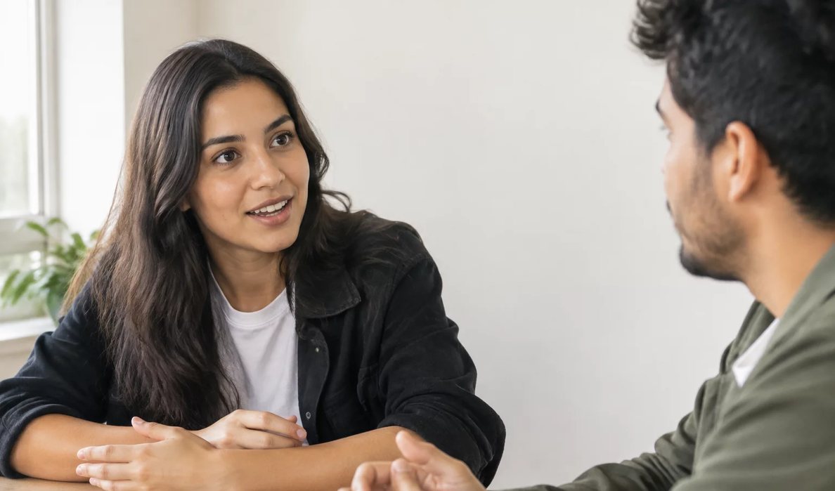 Três participantes conversam ao redor de uma mesa comprida numa sala clara de janelas altas