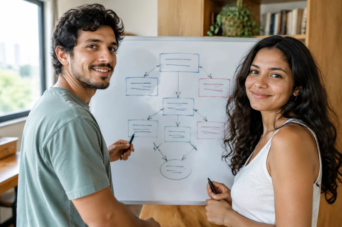 Facilitadora aponta para um mapa de argumento desenhado no quadro branco enquanto um participante acompanha